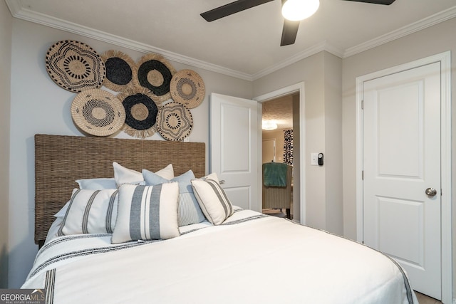 bedroom featuring ceiling fan and crown molding