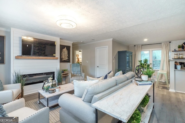 living room with a large fireplace, hardwood / wood-style flooring, crown molding, and a textured ceiling