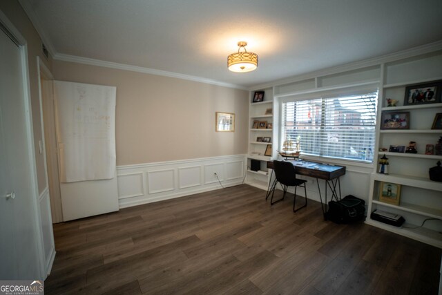 office area featuring ornamental molding, dark hardwood / wood-style flooring, and built in features