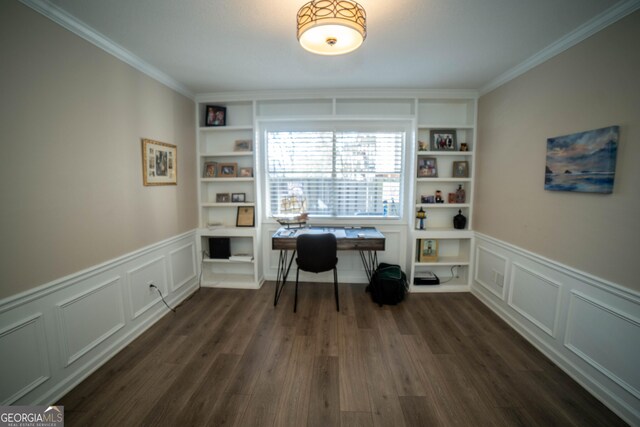 office with crown molding and dark hardwood / wood-style floors