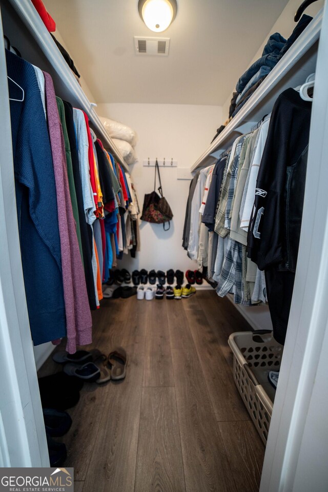 walk in closet with hardwood / wood-style flooring