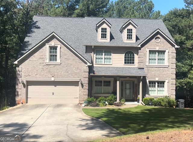 view of front facade with a garage and a front lawn