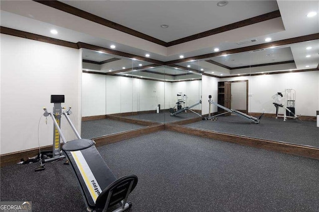 exercise room with ornamental molding