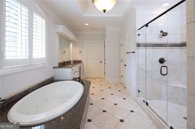 bathroom featuring vanity, ornamental molding, and plus walk in shower