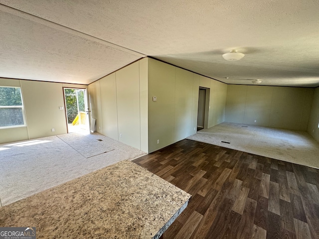 interior space with dark wood-type flooring and a textured ceiling