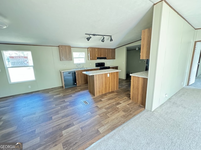 kitchen featuring a kitchen island, black appliances, range hood, dark wood-type flooring, and sink