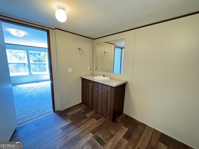 bathroom with vanity, a textured ceiling, and hardwood / wood-style floors