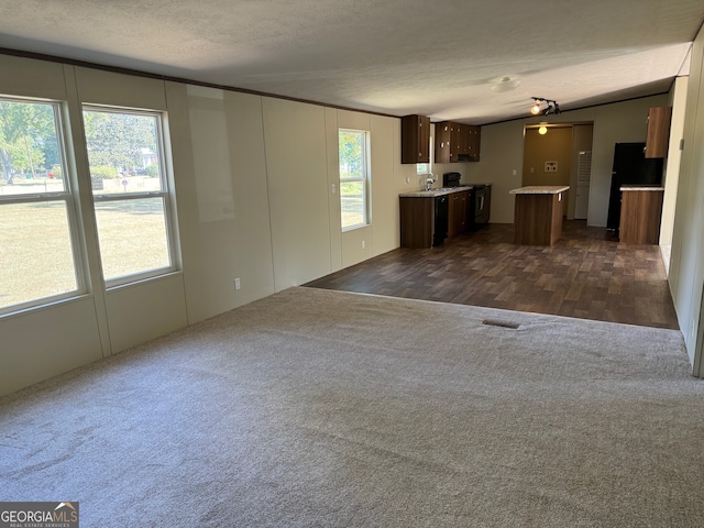 unfurnished living room featuring dark wood-type flooring, vaulted ceiling, and a textured ceiling