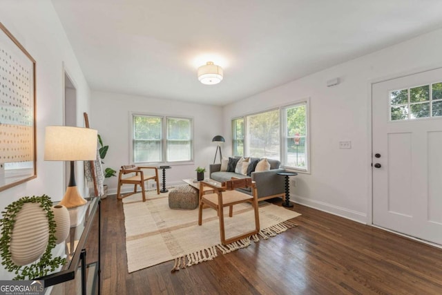 living room with dark wood-type flooring and a healthy amount of sunlight