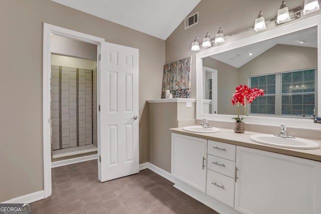 bathroom featuring vaulted ceiling, vanity, and a shower with door