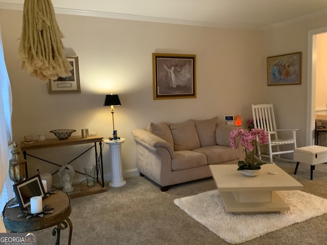 carpeted living room featuring ornamental molding