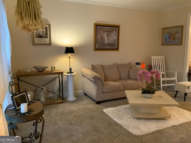 carpeted living room featuring crown molding