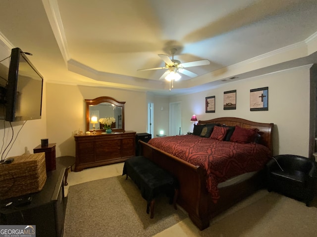 interior space with ceiling fan, ornamental molding, and light colored carpet