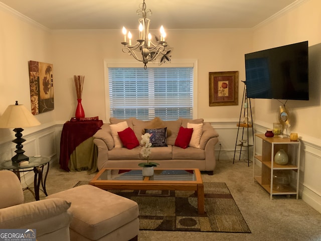 carpeted living room with an inviting chandelier and crown molding