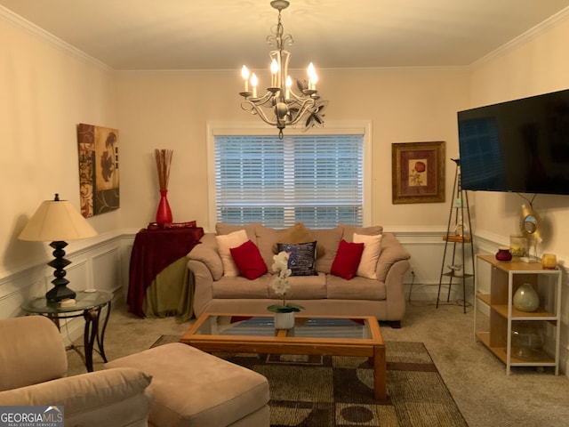 living room with light colored carpet, a chandelier, and crown molding