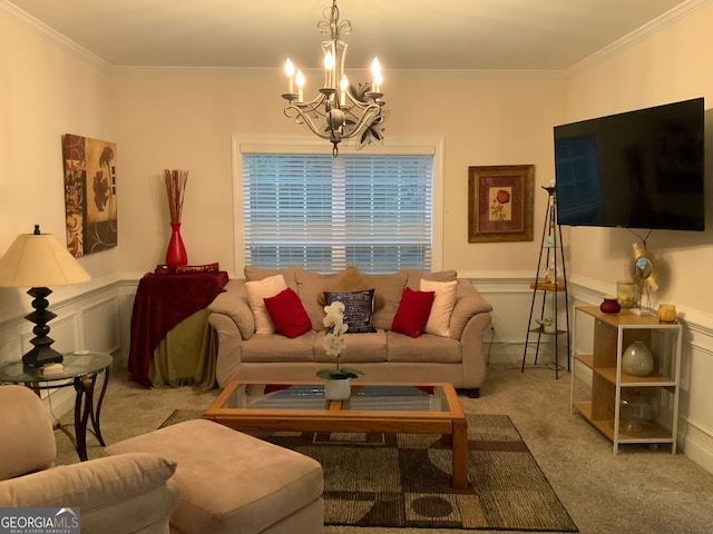 living room featuring an inviting chandelier, light carpet, and crown molding