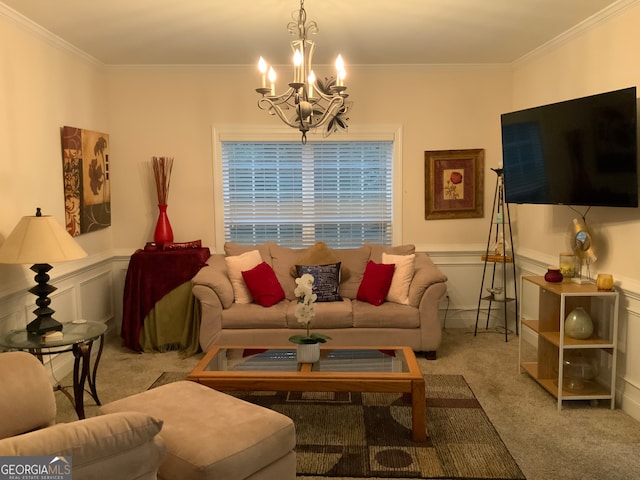 living room with ornamental molding, light carpet, and an inviting chandelier