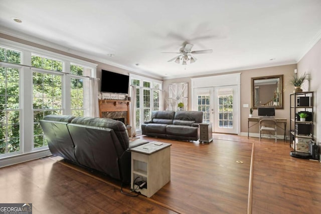 living area with a high end fireplace, french doors, dark wood-type flooring, and ornamental molding