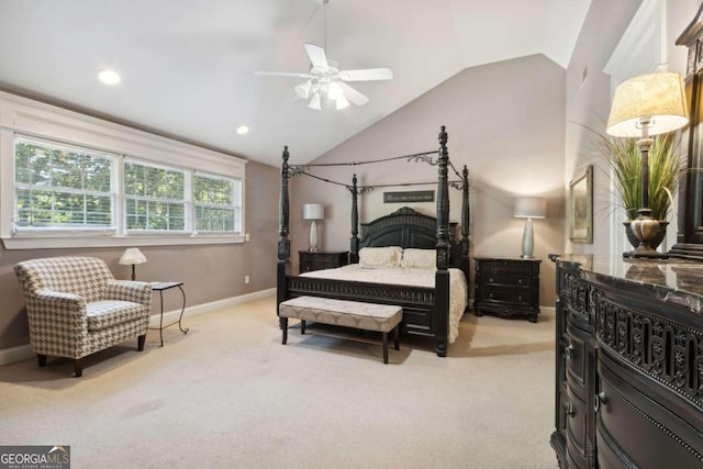 bedroom featuring vaulted ceiling, recessed lighting, baseboards, and light carpet