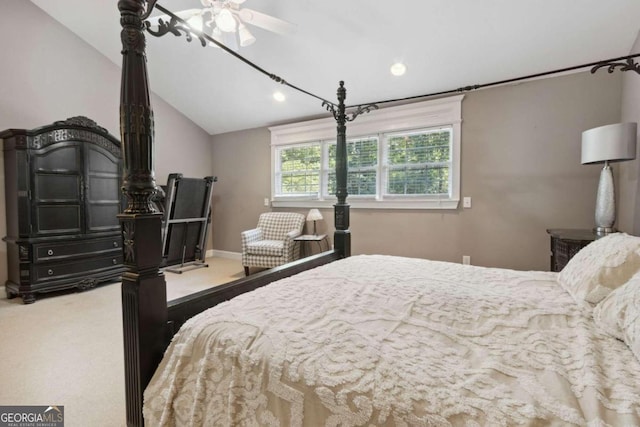 bedroom with baseboards, carpet flooring, and vaulted ceiling