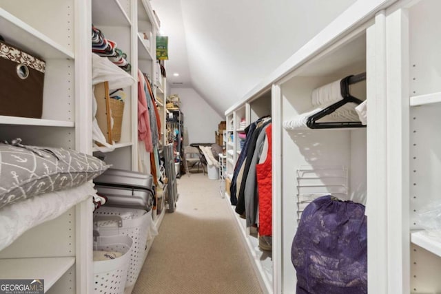 spacious closet with vaulted ceiling and carpet floors