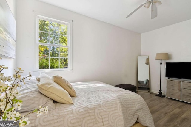 bedroom with a ceiling fan and wood finished floors