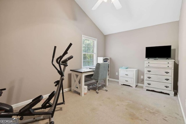 office area with baseboards, high vaulted ceiling, carpet floors, and ceiling fan