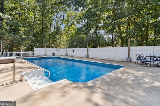 view of pool featuring a fenced in pool, a fenced backyard, and a patio area