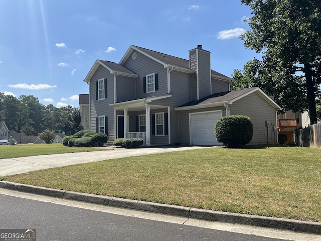 view of front of home with a garage, covered porch, and a front lawn