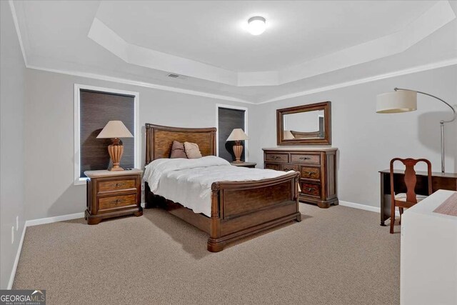 carpeted bedroom with a raised ceiling and crown molding