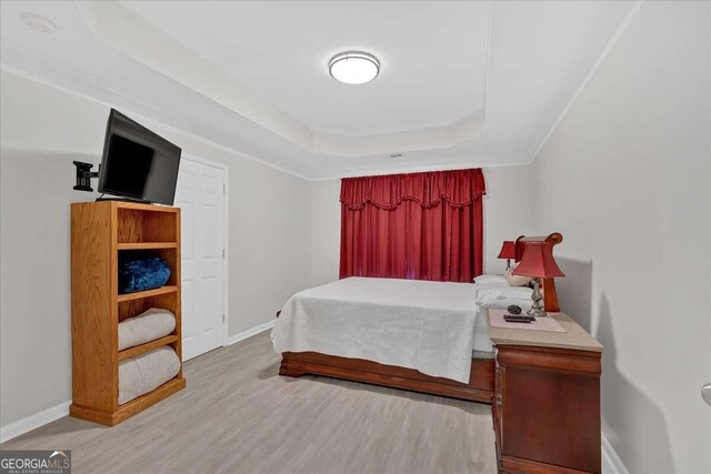 bedroom featuring light wood-type flooring and a tray ceiling