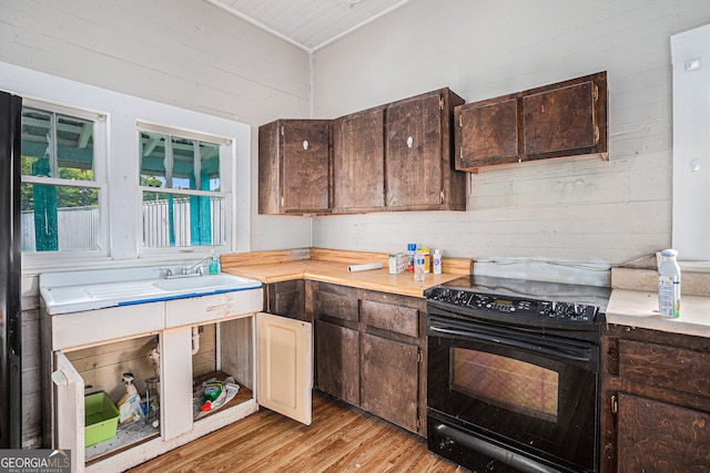 kitchen featuring black / electric stove, dark brown cabinets, and light hardwood / wood-style floors