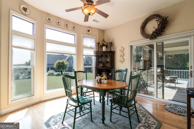 199 Colonsay Trce, Blairsville, GA 30512 - dining space with visible vents, ceiling fan, and hardwood / wood-style flooring