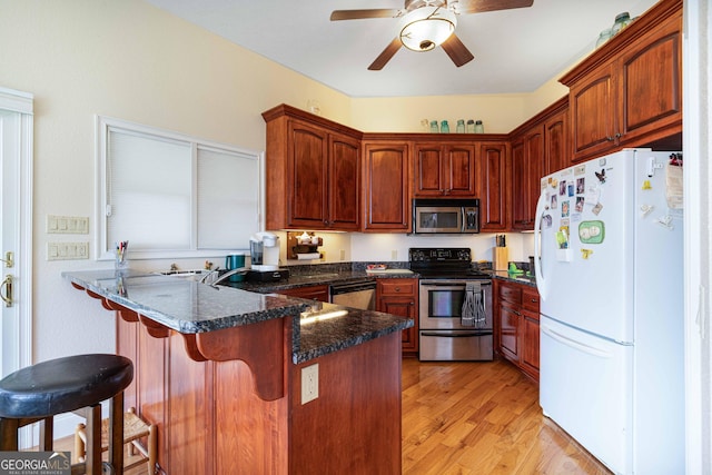 199 Colonsay Trce, Blairsville, GA 30512 - kitchen with a kitchen bar, a peninsula, light wood-style floors, stainless steel appliances, and a ceiling fan