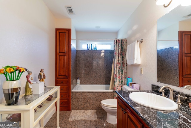 full bathroom featuring vanity, toilet, and shower / bathtub combination with curtain