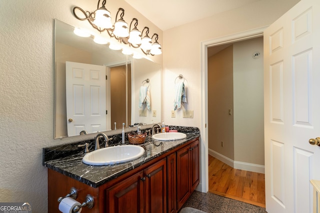 bathroom with hardwood / wood-style flooring and vanity