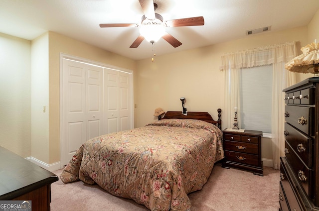 199 Colonsay Trce, Blairsville, GA 30512 - bedroom featuring visible vents, baseboards, light carpet, a closet, and a ceiling fan