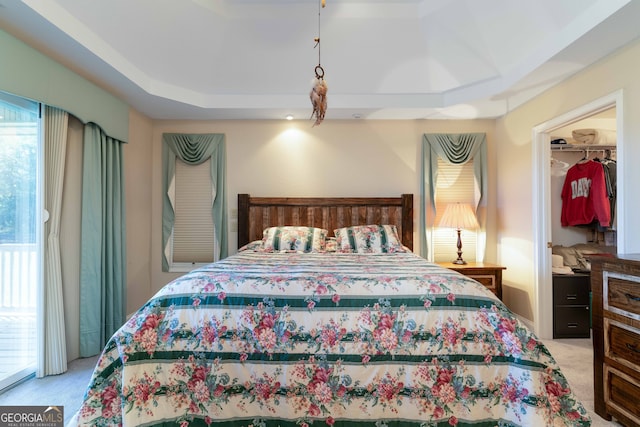 bedroom featuring multiple windows, light colored carpet, and a raised ceiling