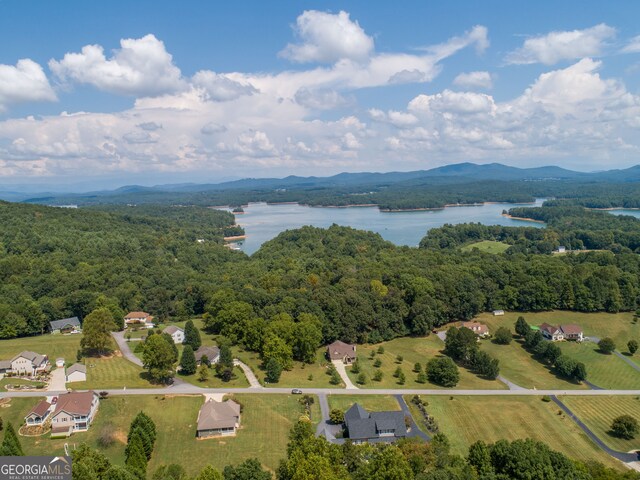 birds eye view of property featuring a water and mountain view