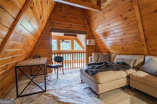 interior space with wood walls, lofted ceiling with beams, and wooden ceiling