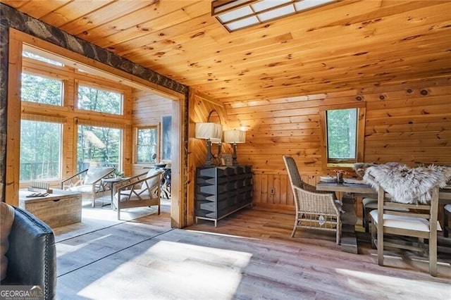 interior space with wood walls, wood-type flooring, and wood ceiling