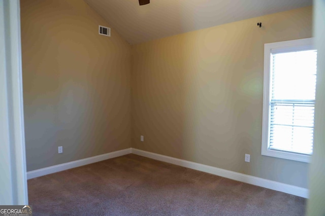 empty room with carpet flooring, plenty of natural light, and lofted ceiling