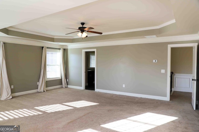 carpeted empty room with a raised ceiling, ceiling fan, and ornamental molding