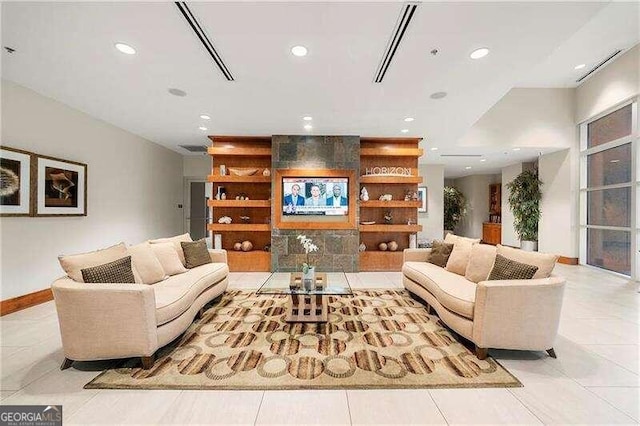 living room featuring light tile patterned flooring