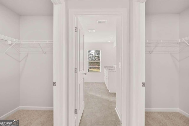 spacious closet with light carpet