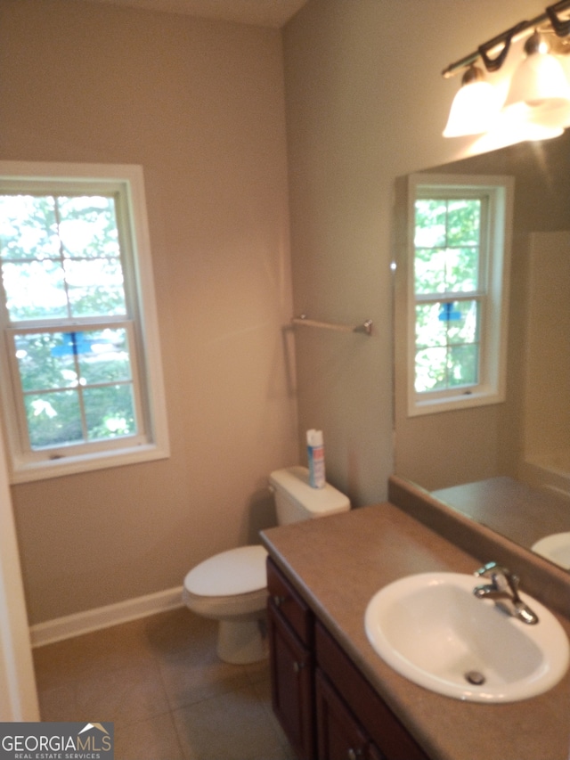 bathroom featuring tile patterned flooring, vanity, and toilet