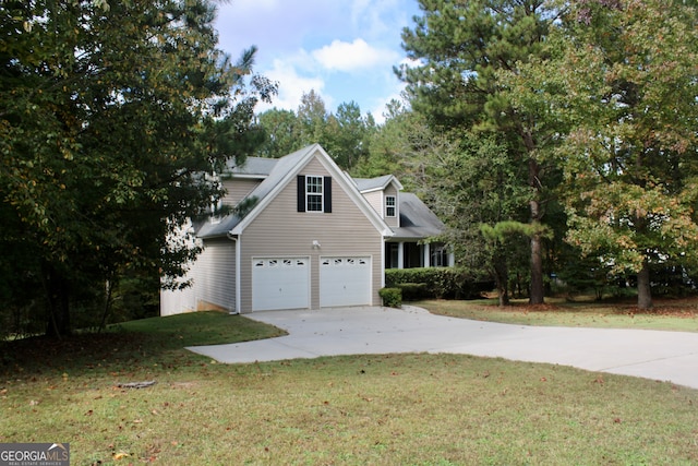 exterior space featuring a garage and a front lawn