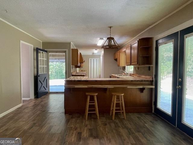 kitchen with hanging light fixtures, dark hardwood / wood-style floors, and kitchen peninsula