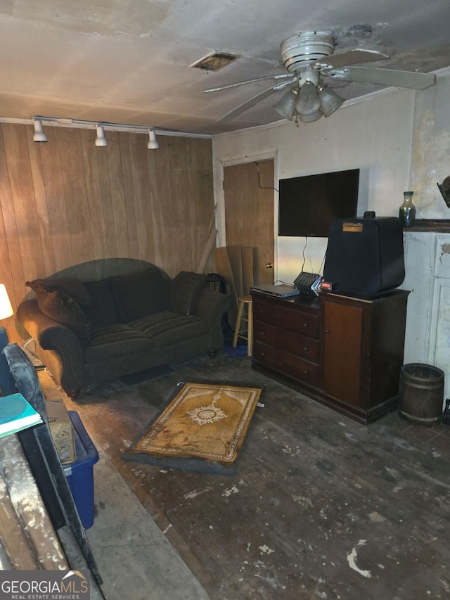 299 Flowers Pl NW, Atlanta, GA 30314 - living room with ceiling fan, visible vents, and wooden walls