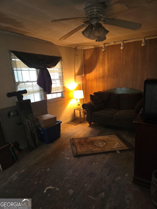 299 Flowers Pl NW, Atlanta, GA 30314 - living area featuring wood finished floors, track lighting, and a ceiling fan